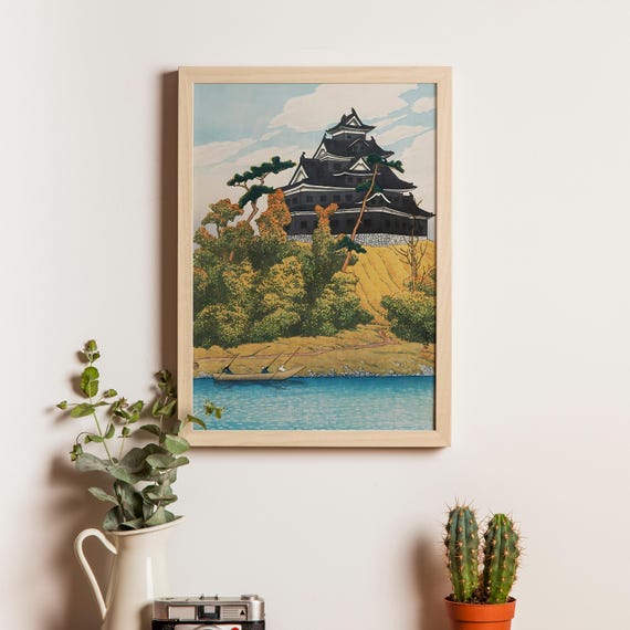 岡山城、川瀬巴水、1925年、日本の歴史的建築を描いたヴィンテージ木