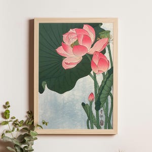 Flowering Lotus, Ohara Koson, c. 1930s, Japanese woodblock print of blooming lotus flower, botanical art, shin hanga floral decor