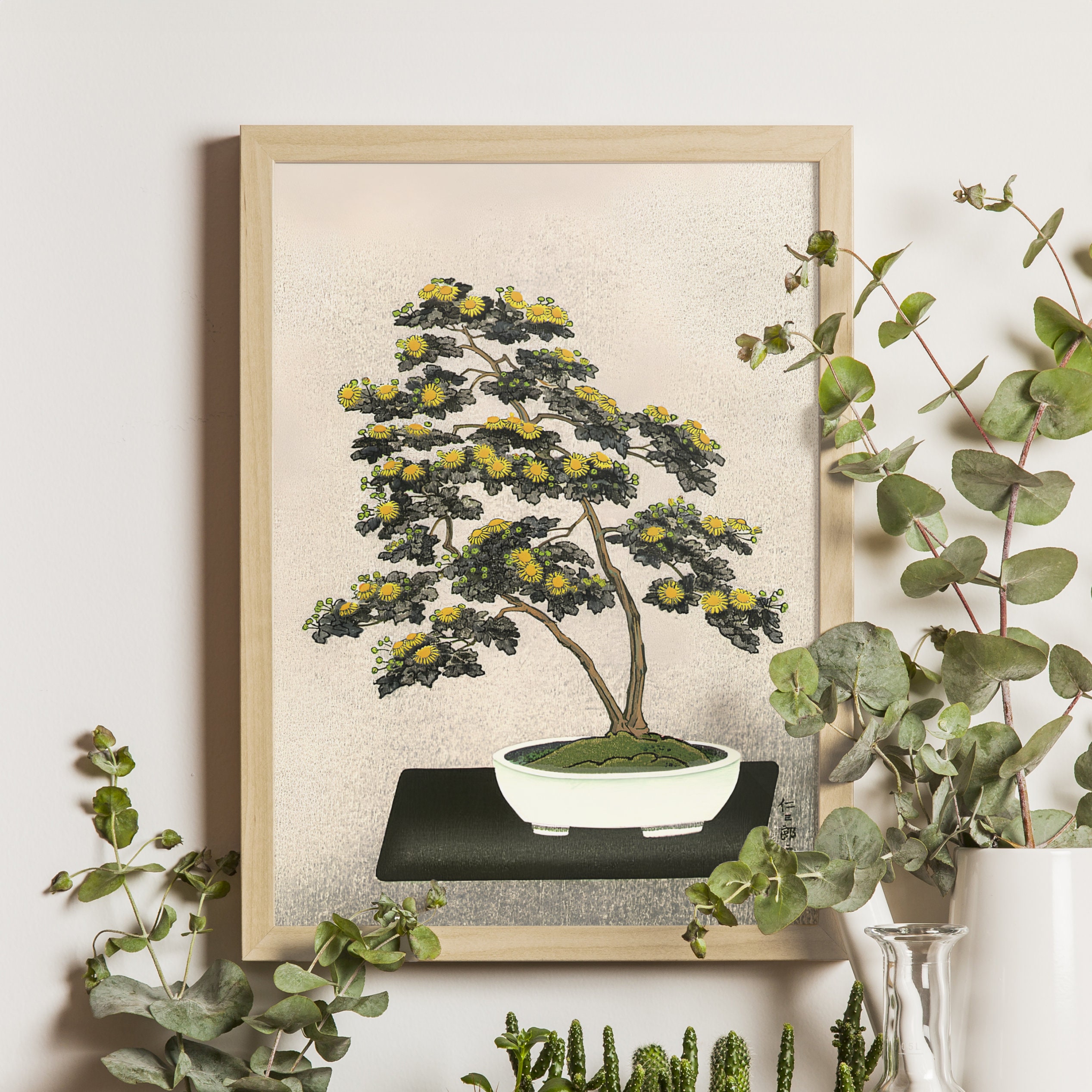 盆栽菊 - 伊藤仁三郎浮世絵版画、20世紀後半の日本美術、菊の花