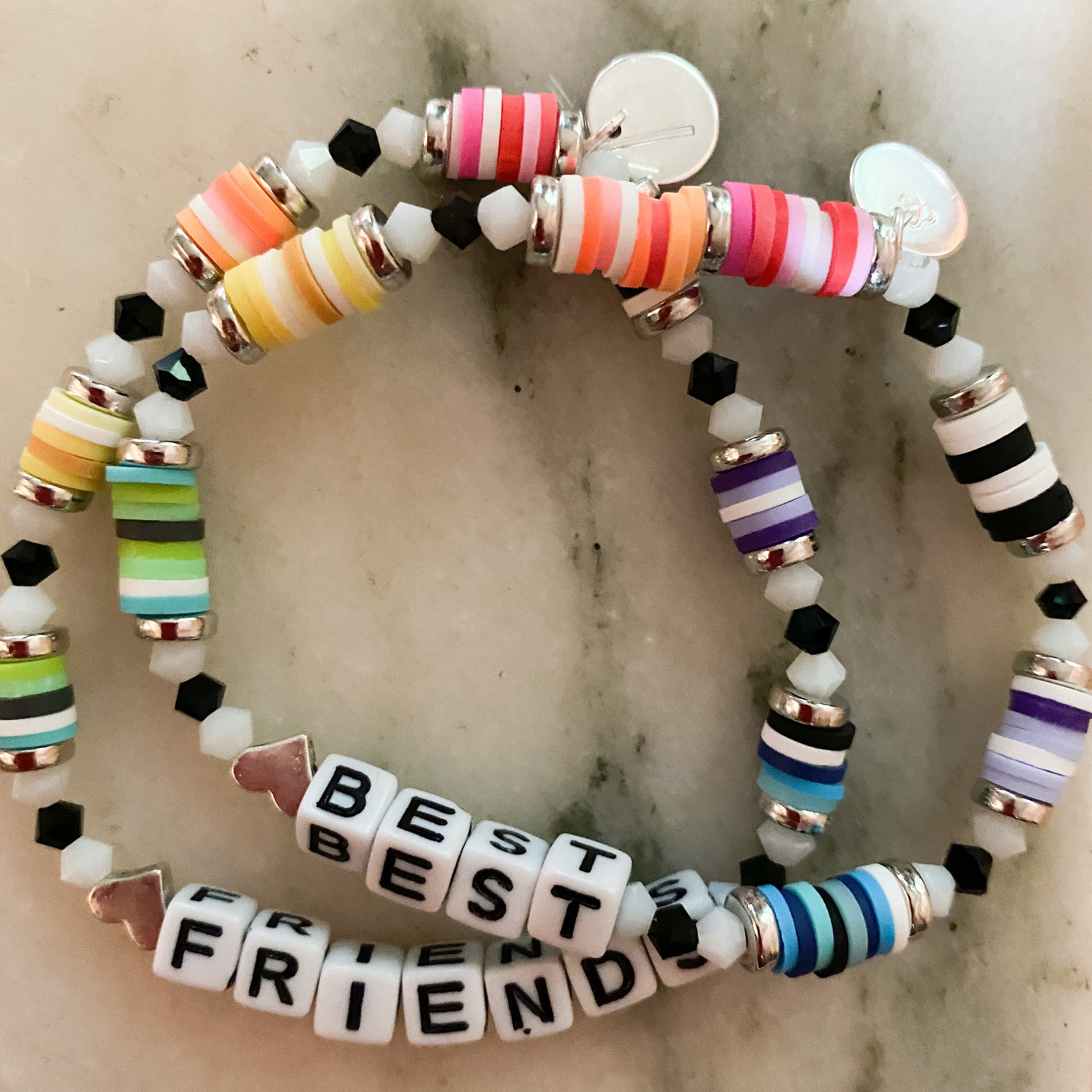 Best Friends Braclet Pair | Rainbow Clay Beads | Crystal Beads | Enamel Letters