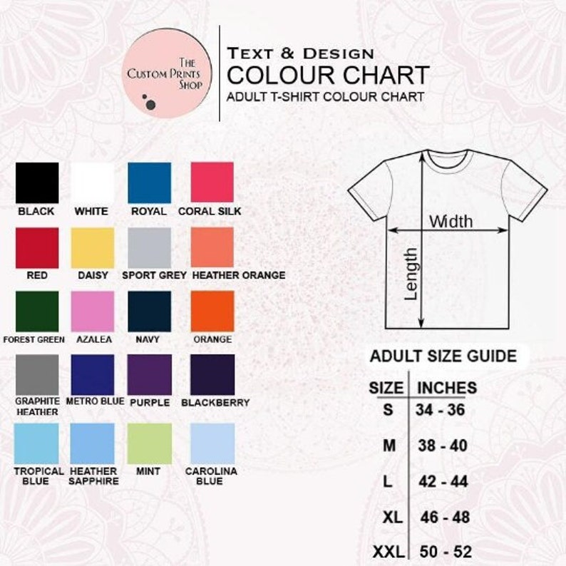 May include: Adult t-shirt colour chart featuring a range of colours, including black, white, red, forest green, graphite heather, tropical blue, and more. The chart also includes a size guide with measurements in inches.