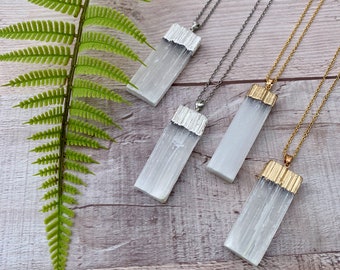 Selenite Necklace Pendant- 18K Gold or Silver Plated, Chakra Crystal Jewelry, Crown Chakra, Healing Crystal Jewelry for Summer