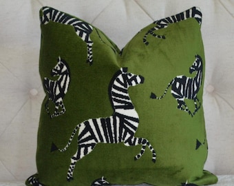 Dancing zebras chenille animal print green or blue pillow cover