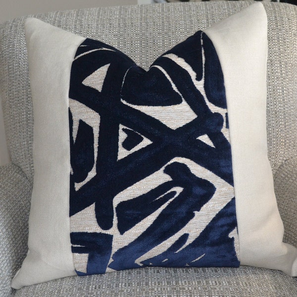 Blue/natural geometric cut velvet/linen pillow cover