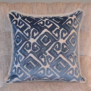 Blue and ivory geometric cut velvet pillow cover