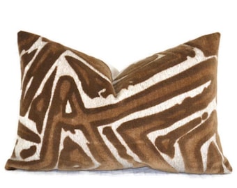 Mocha/natural Geometric cut velvet throw pillow cover