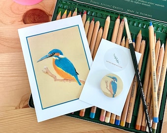 Kingfisher card and badge. Perfect wildlife gift for a nature lover and a charity donation with every card. Birds of Britain.