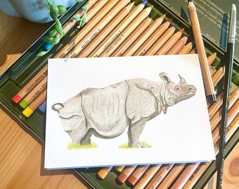 Javan Rhino card, critically endangered animal cards series, original art printed onto card, includes envelope