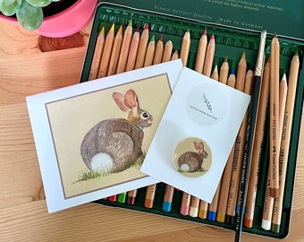 Rabbit badge and card. Cute bunny blank inside card for all occasions, with matching rabbit button badge