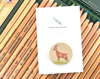 Roe deer pin badge. British Wildlife 3.8cm button badge, nature loving badge collector gift
