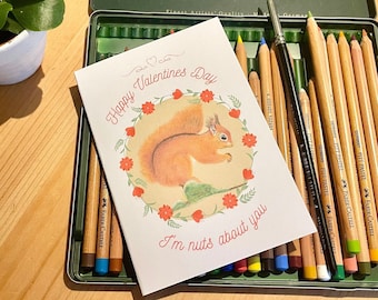 Valentine’s Day card nuts about you red squirrel card, send direct to loved one. Original art work perfect for a nature lover