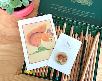 Squirrel badge and card. Red squirrel greeting card and button badge great for a nature lovers birthday.