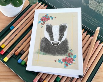 Cute baby badger card, blank inside for any occasion, original wildlife artwork