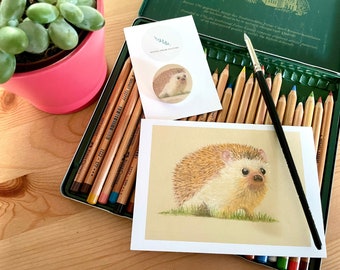 Hedgehog card and badge, blank inside, British wildlife nature card for any occasion