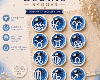 Zodiac Astrology Badges, Celestial Star Sign Pin All 12 Zodiac Signs