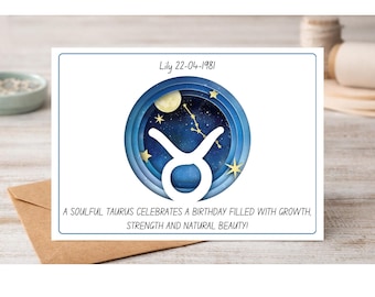 Personalized Taurus Birthday Card, Celestial Zodiac Star Sign gift