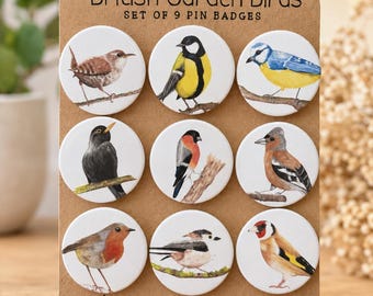 Set of 9 British Garden Bird Pin Badges | Pastel Wildlife Illustrations