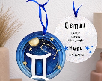 Personalised Gemini Zodiac Hanging Decoration, Glitter Star Sign Wall Hanging, Astrology Gift, Birthday Keepsake