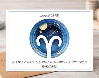 Personalized Aries Birthday Card, Celestial Zodiac Star Sign