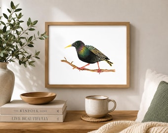 Starling Bird Art Print, A5 Bird Wall Art, Nature Illustration, Bird Lover Gift, Textured Matte Print, Wildlife Art, Cottagecore Decor