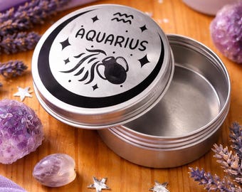 Aquarius Zodiac Tin, Astrology Storage Tin, 5.7cm Mini Trinket Box