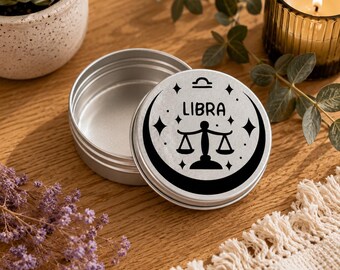 Libra Zodiac Tin, Astrology Storage Tin, 5.7cm Mini Trinket Box