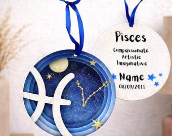 Personalised Pisces Zodiac Hanging Decoration, Glitter Star Sign Wall Hanging, Astrology Gift, Birthday Keepsake