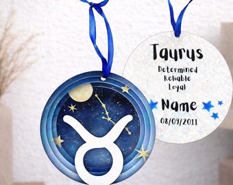Personalised Taurus Zodiac Hanging Decoration, Glitter Star Sign Wall Hanging, Astrology Gift, Birthday Keepsake