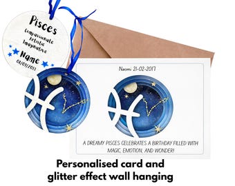 Pisces Birthday Gift Set, Zodiac Card and Hanging Ornament