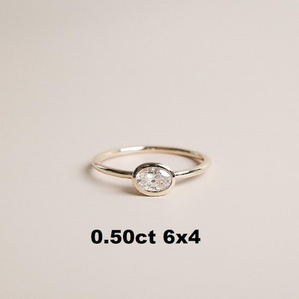 East West Oval Moissanite Ring, Bezel Set Solitaire, Silver Engagement Ring, Modern Promise Ring for Her, Minimalist Jewelry