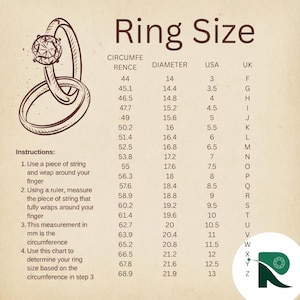 May include: Ring size chart showing circumference in mm, diameter, and corresponding UK and USA sizes. Includes instructions for measuring finger size. Features a sketch of two rings.
