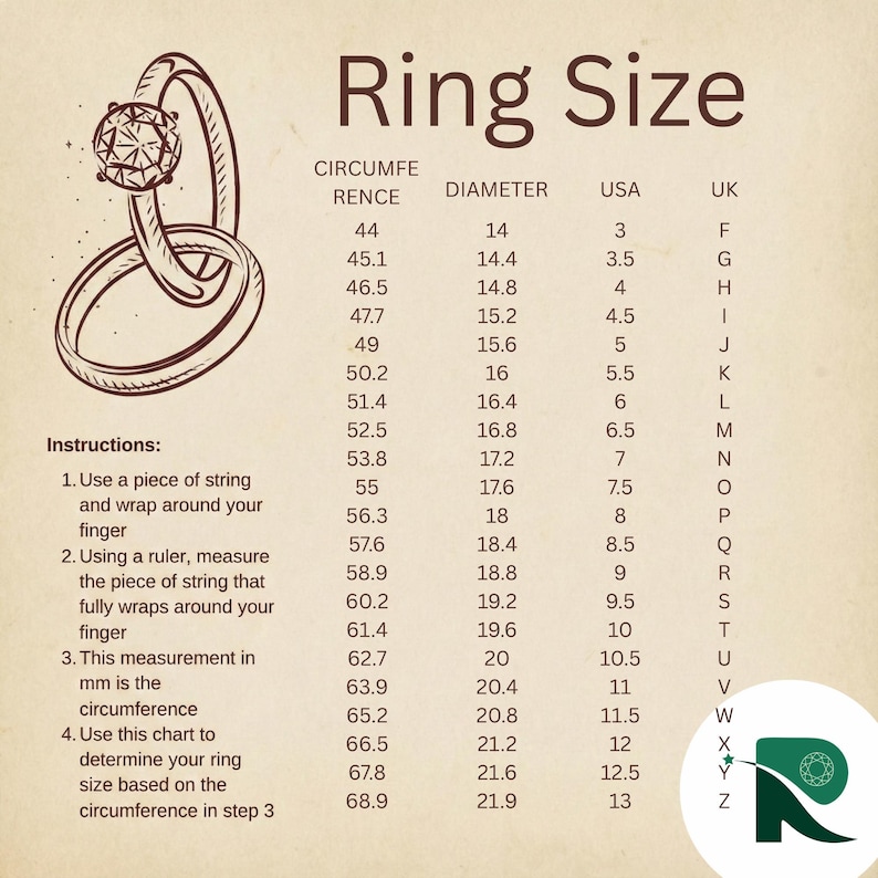 May include: Ring size chart showing circumference in mm, diameter, and corresponding UK and USA sizes. Includes instructions for measuring finger size. Features a sketch of two rings.