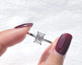 1 CT Emerald Cut Moissanite Engagement Ring, Silver Solitaire, 4 Prong, Dainty Band, Minimalist Promise Ring Her
