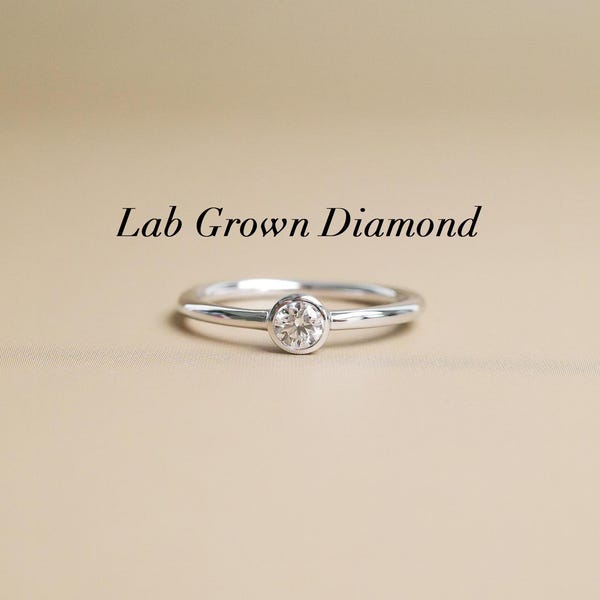 Dainty Lab Diamond Ring, Tiny Bezel Set Solitaire Ring in Silver, Small Simple Thin Ring, Minimalist Engagement Ring