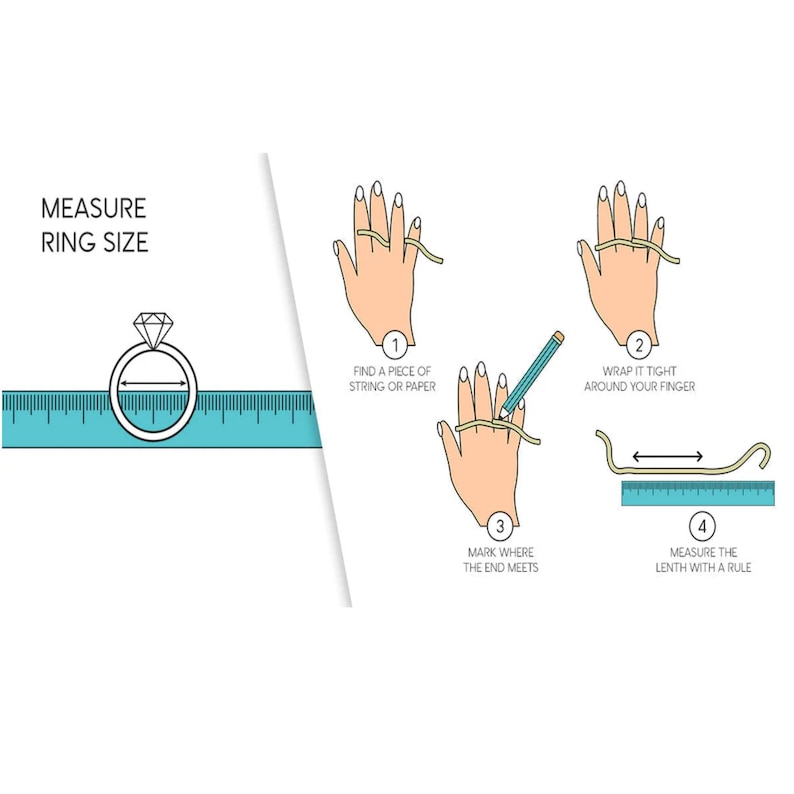 May include: Diagram showing how to measure ring size. The steps involve using string or paper, wrapping it around the finger, marking the end, and measuring the length with a ruler. Text reads "Measure Ring Size."