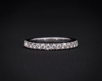 Moissanite Micro Pave Wedding Band, 2.5mm Half Eternity Ring, Stackable Band in Sterling Silver, Minimalist Bridal Promise Ring