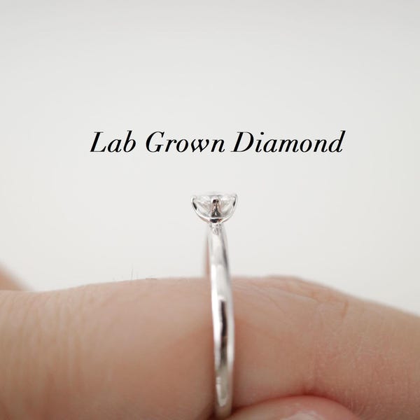 Single Stone Lab Grown Diamond Ring Silver 0.17 CT | Small Round Lab Created Diamond | Simple Minimal Ring Gift for Her