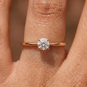 Dainty Lab Grown Diamond Solitaire Ring, 10K Rose Gold Engagement Ring, Minimalist Thin Band Ring, Diamond Ring, Lab Diamond Promise Ring