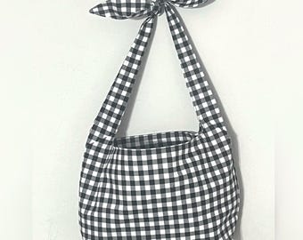 Black Gingham/Vichy Checker Cute Mini Bowtie Shoulder Sling Bag Tote