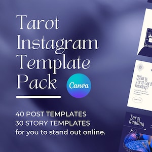 Puede incluir: Un paquete de plantillas digitales para Instagram, con 40 plantillas de publicaciones y 30 plantillas de historias. El diseño tiene un esquema de color azul oscuro y blanco con ilustraciones de cartas del tarot y el texto "Tarot Instagram Template Pack".