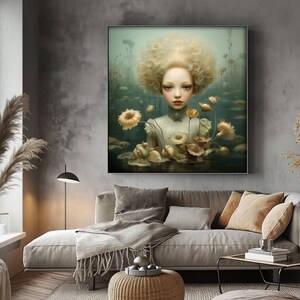 May include: A painting of a young girl with blonde hair and a white dress, surrounded by water lilies. The background is a soft green and blue.