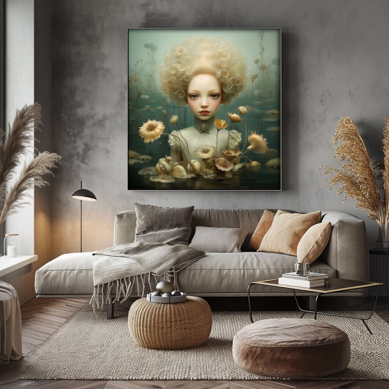 May include: A painting of a young girl with blonde hair and a white dress, surrounded by water lilies. The background is a soft green and blue.