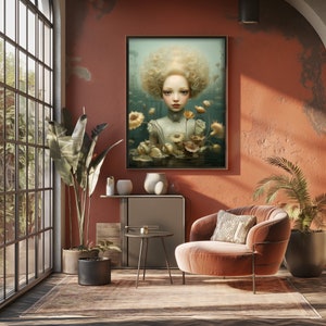 May include: A framed painting depicting a young woman with blonde hair and a white dress, surrounded by flowers. The painting has a light blue background and a soft, dreamy feel.