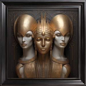 Può includere: Tre sculture dorate di teste di donne con elaborate acconciature. La scultura centrale ha un copricapo a forma di corona con un gioiello circolare al centro. Le sculture sono incorniciate in una cornice nera.