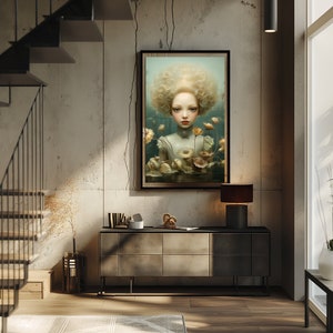 May include: A framed painting depicting a young girl with blonde hair and a white dress, surrounded by flowers. The background is a soft blue-green colour.