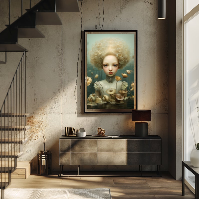 May include: A framed painting depicting a young girl with blonde hair and a white dress, surrounded by flowers. The background is a soft blue-green colour.