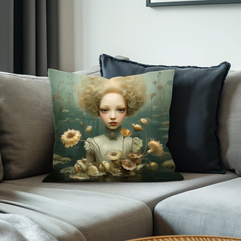 May include: A throw pillow featuring a painting of a young woman with blonde curly hair, wearing a white dress and a pearl necklace, surrounded by flowers and water lilies. The background is a soft blue-green colour.
