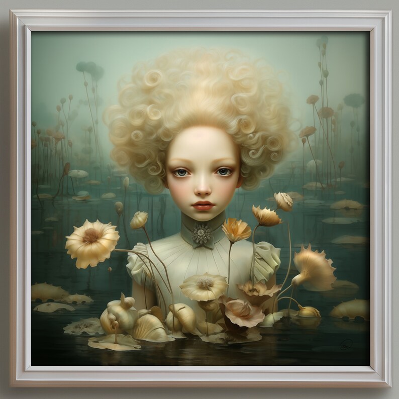 May include: A young girl with blonde curly hair wearing a white dress with a pearl necklace is surrounded by delicate white flowers in a swampy setting. The background is a soft green and blue.