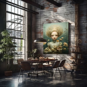 May include: A painting of a young woman with blonde hair and a white dress, surrounded by flowers and water lilies. The painting is set against a backdrop of a brick wall and a wooden shelf with books.