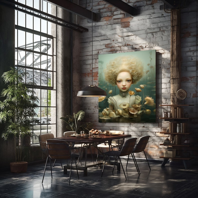 May include: A painting of a young woman with blonde hair and a white dress, surrounded by flowers and water lilies. The painting is set against a backdrop of a brick wall and a wooden shelf with books.